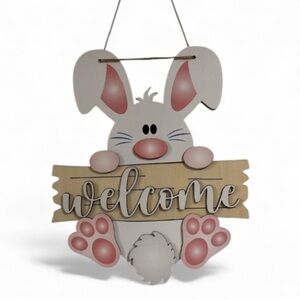 Cute Bunny Welcome Sign wall door hang decor Easter Spring NEW wood